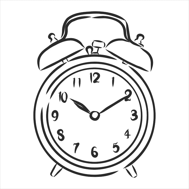 Vector alarm clock illustration, drawing, engraving, ink, line art