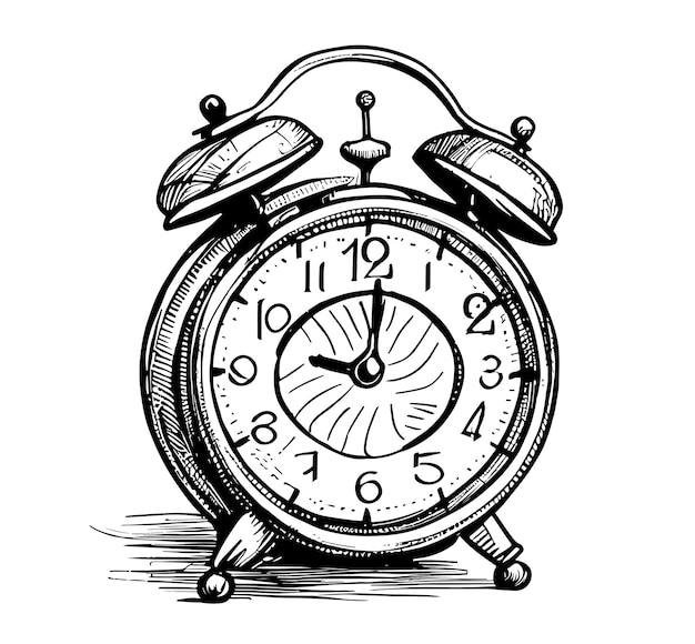 Alarm clock retro sketch hand drawn engraving style Vector illustration.