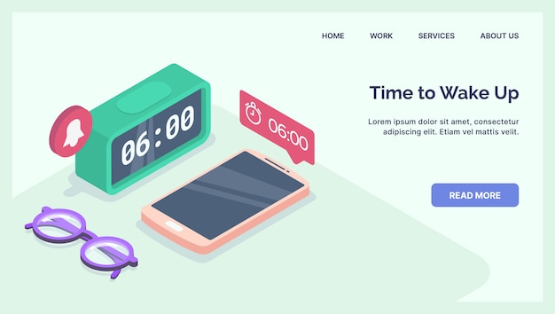 Alarm Clock Set  for Time and Early Wake Up with modern isometric style landing page