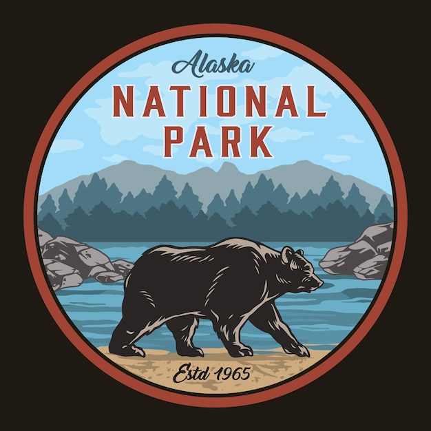 Vector alaska national park round colorful label