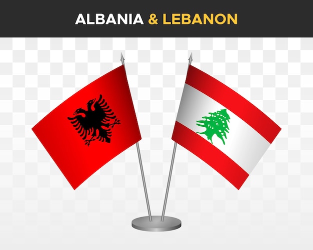 Albania and Lebanon desk flags mockup isolated on white 3d vector illustration table flags