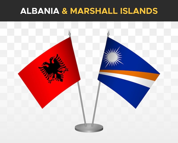 Albania and Marshall Islands desk flags mockup isolated on white 3d vector illustration table flags