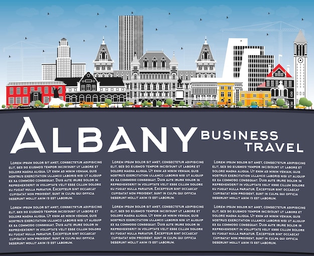 Albany New York City Skyline with Color Buildings Blue Sky and Copy Space