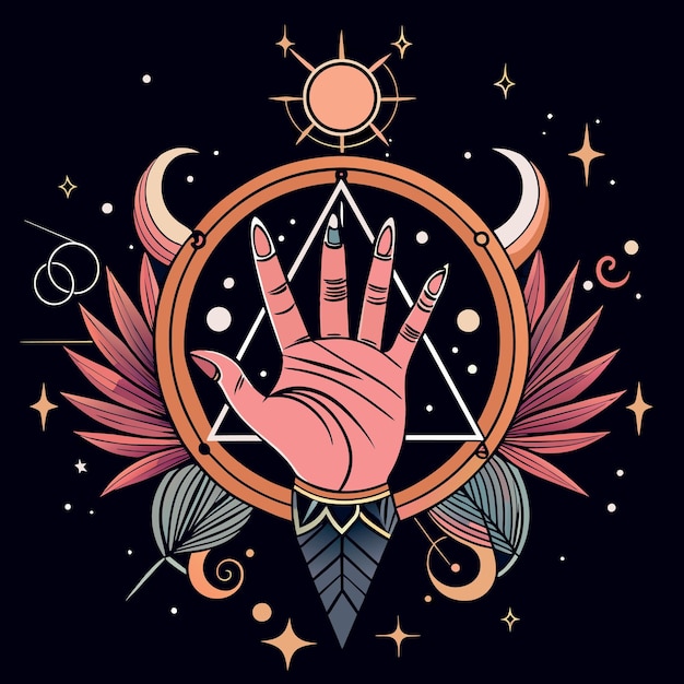 Alchemy esoteric magic celestial talisman with woman hand with rings and moon sacred geometry