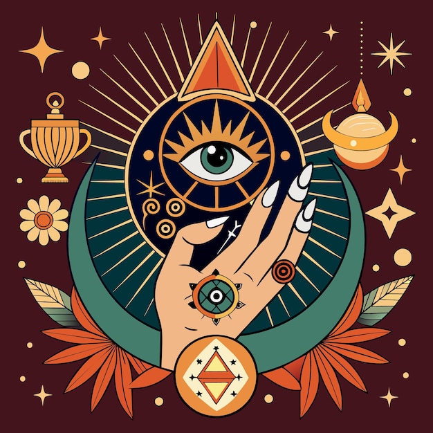 Vector alchemy esoteric magic celestial talisman with woman hand with rings and sunshine eye sacred geomet