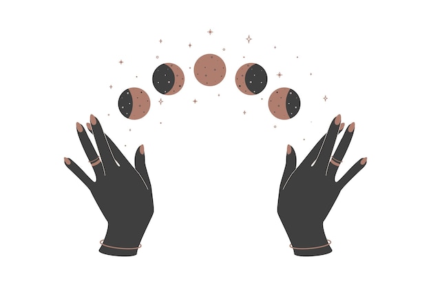 Alchemy esoteric mystical magic celestial talisman with woman hands and moon phases. Esoteric mystical silhouettes for magic witchcraft. Vector illustration.