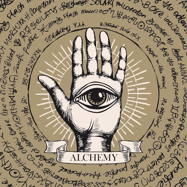 alchemy poster with all seeing eye in open palm