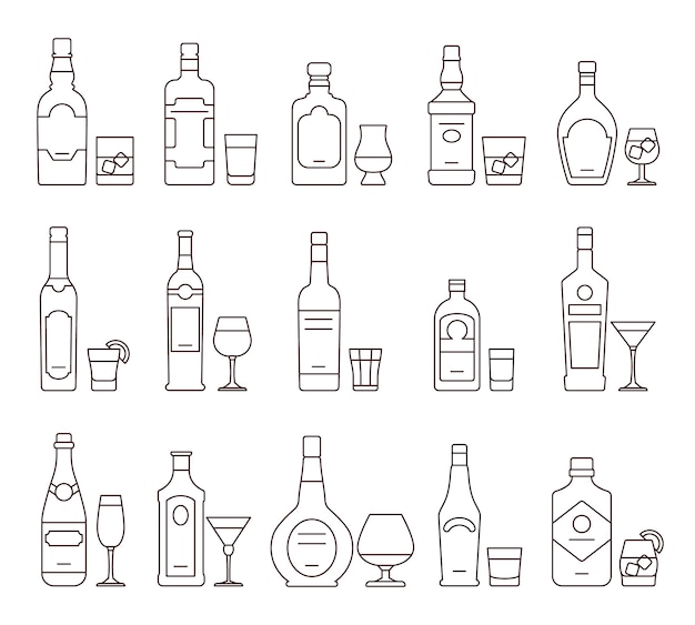 Alcohol drink beverages outline icons, bottles and glasses thin line symbols