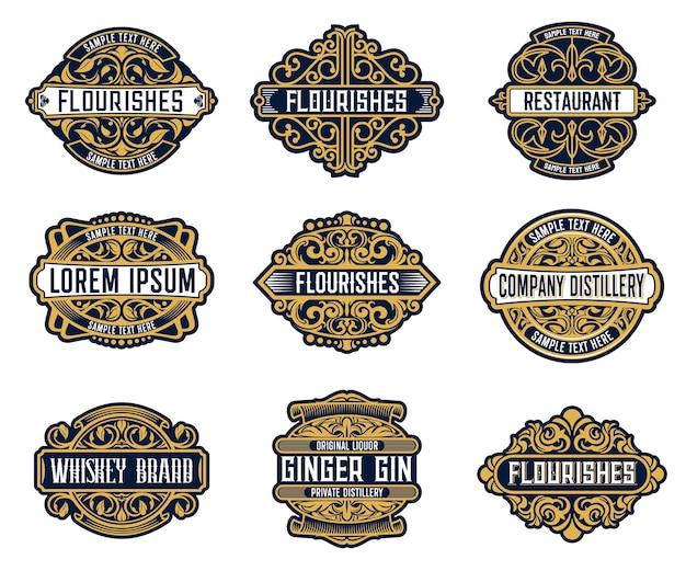 Alcohol drink brand, beverage or company retro labels with ornate and flourish embellishments.