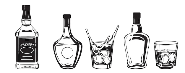 Alcohol drinks bottles engraving black and white vintage style .