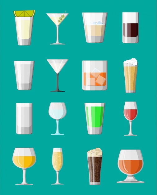 Alcohol drinks collection in glasses.