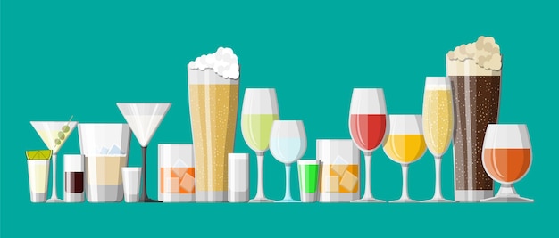 Vector alcohol drinks collection in glasses.