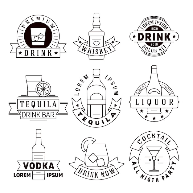 Alcohol drinks vector emblems, badges, logo set. Alcohol beverage whiskey and tequila, labels for vo