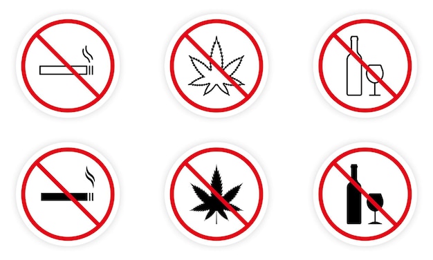 Alcohol, Drug, Smoke Ban Zone Black Icon Set. Drink Alcohol, Smoking Cigarette, Narcotic Addiction