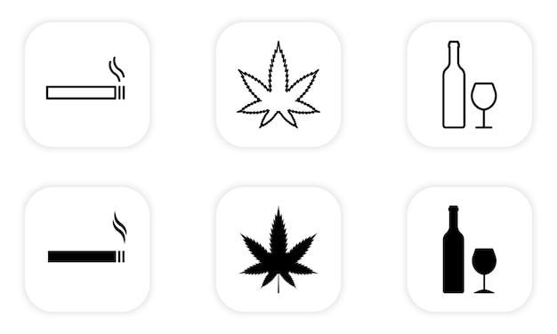 Alcohol Drug Smoke Zone Black Line and Silhouette Icon Set Wine Bottle and Glass Cannabis Smoke