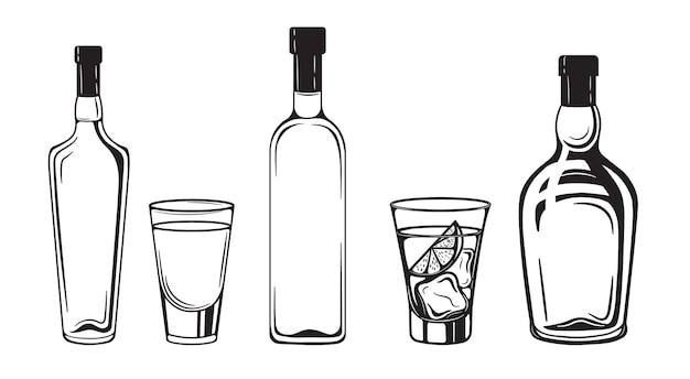 Alcohol sketch drinks bottles engraving black and white vintage style