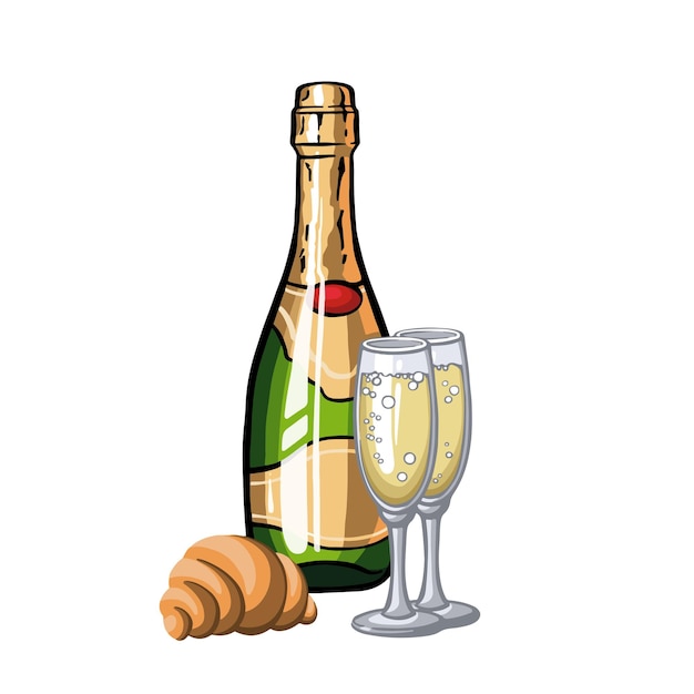 Alcohol with champagne bottle glasses and croissant colorful illustration