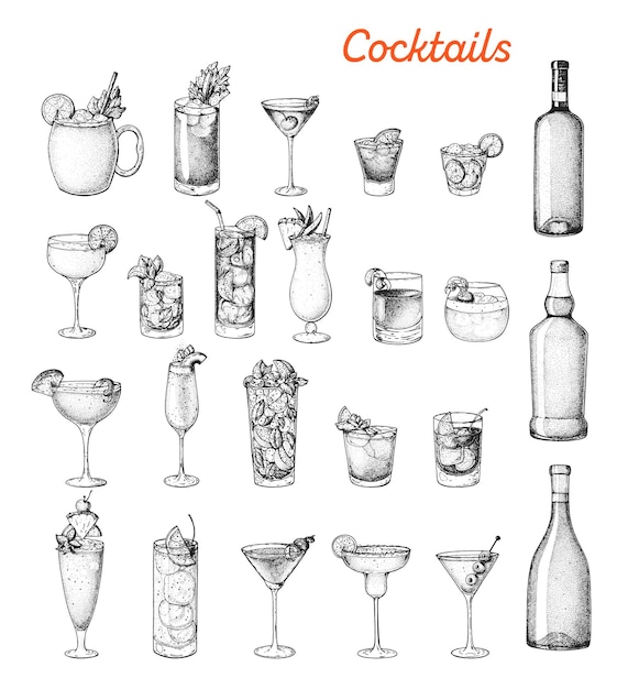 Alcoholic cocktails hand drawn vector illustration Sketch set  Bottle and glass