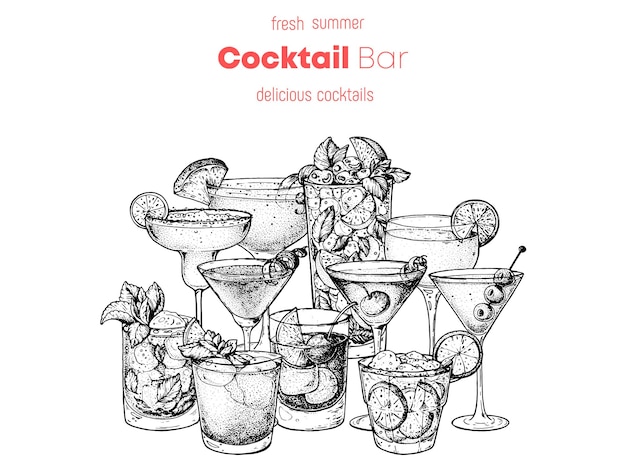 Alcoholic cocktails sketch Hand drawn vector illustration Hand drawn drinks Cocktails set Menu