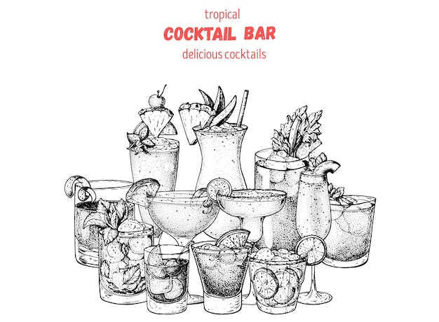 Alcoholic cocktails sketch Hand drawn vector illustration Hand drawn drinks Cocktails set Menu