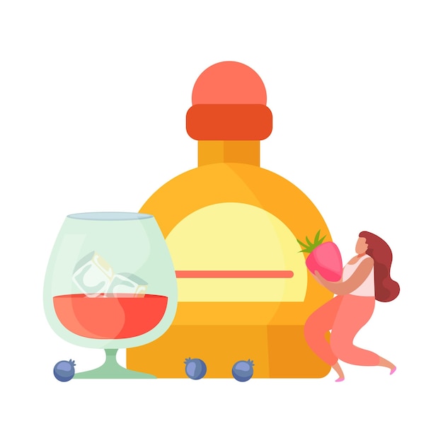 Alcoholic drinks cocktails flat composition with female character holding strawberry bottle and glass