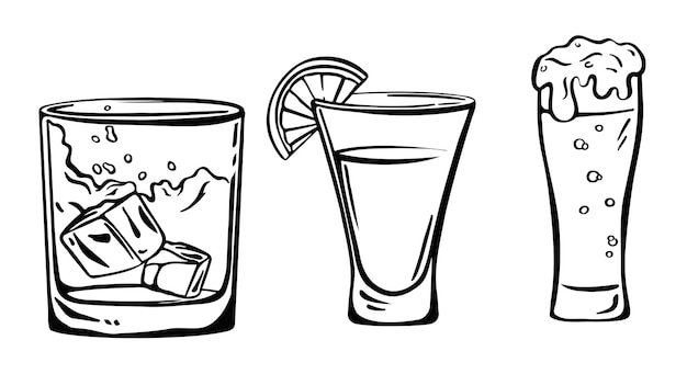 Alcoholic set tequila beer whiskey, freehand drawing vector