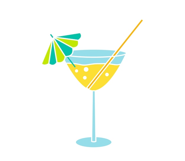 Alcoholic yellow cocktail with bubbles in glass with umbrella and straw isolated on white background Color vector illustration in flat style