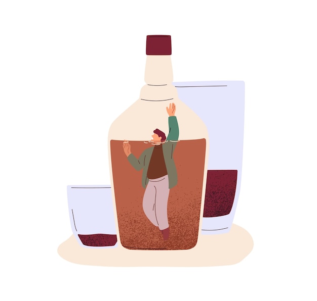 Alcoholism, alcohol use disorder, abuse, excess concept. Drunken addicted man, drunkard in slavery, addiction with alcoholic drink. Flat graphic vector illustration isolated on white background.