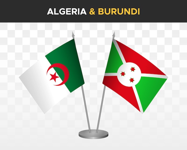 Algeria and Burundi desk flags mockup isolated on white 3d vector illustration table flags