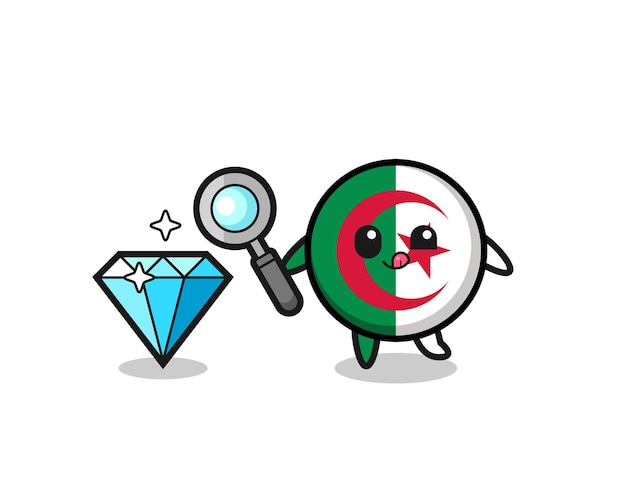 Algeria flag mascot is checking the authenticity of a diamond cute design