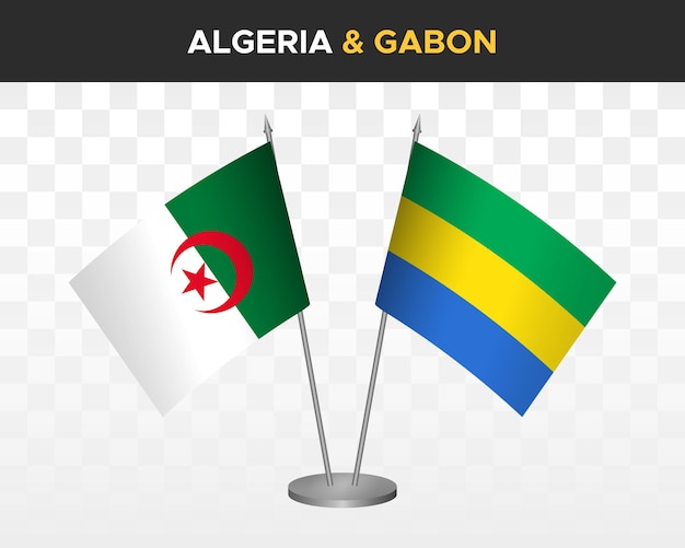 Algeria and Gabon desk flags mockup isolated on white 3d vector illustration table flags