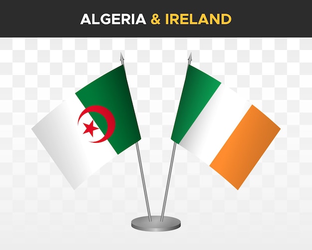 Algeria and Ireland desk flags mockup isolated on white 3d vector illustration table flags