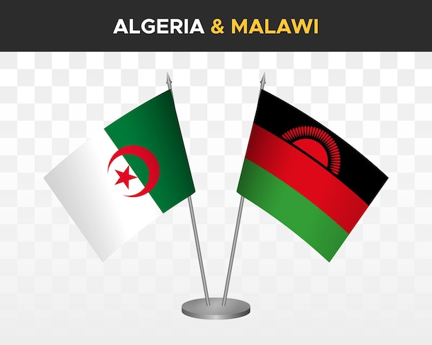 Algeria and Malawi desk flags mockup isolated on white 3d vector illustration table flags