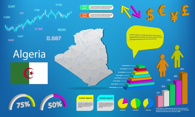 Algeria map info graphics charts symbols elements and icons collection Detailed algeria map with High quality business infographic elements