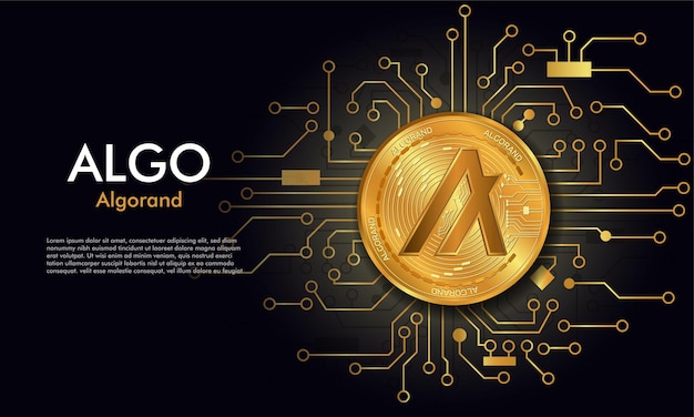 Algorand Algo gold coinblack background with circuit boardAlgorand token cyptocurrency