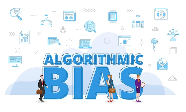 Algorithmic bias concept with big words and people surrounded by related icon spreading with modern blue color style