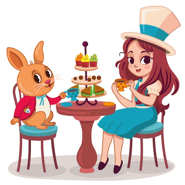 Alice and the rabbit characters are having fun at a tea party Alice in Wonderland illustration