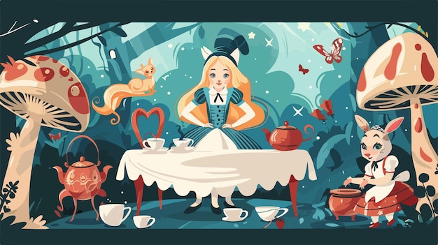 Vector alice in wonderland banner poster and card design for magical events and creativity