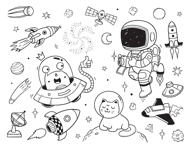 Alien and astronaut doodle clipart for kids