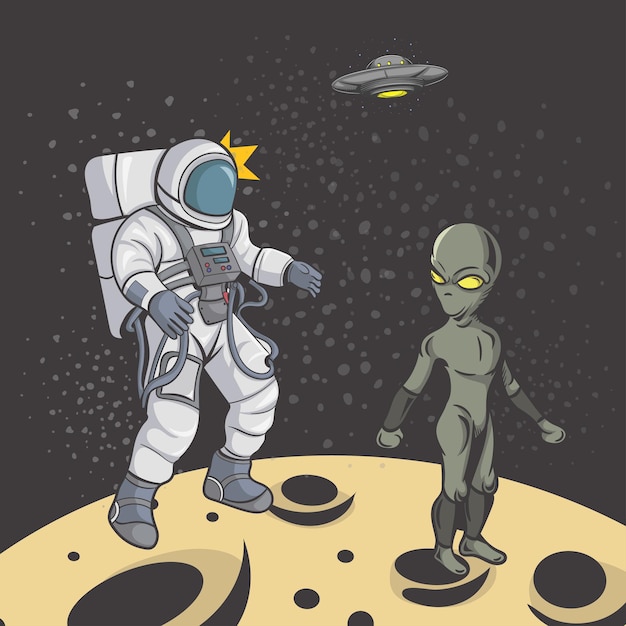 Alien and astronaut on Moon Space Vector illustration