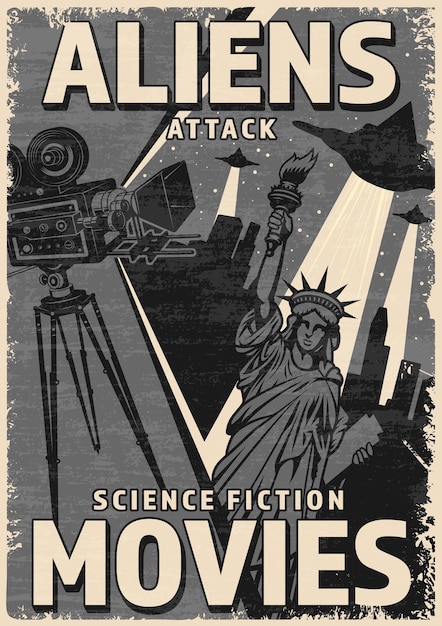 Alien attack vintage poster monochrome