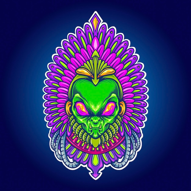 Alien Aztec Indian Space Vector illustrations for your work Logo, mascot merchandise t-shirt, stickers and Label designs, poster, greeting cards advertising business company or brands.