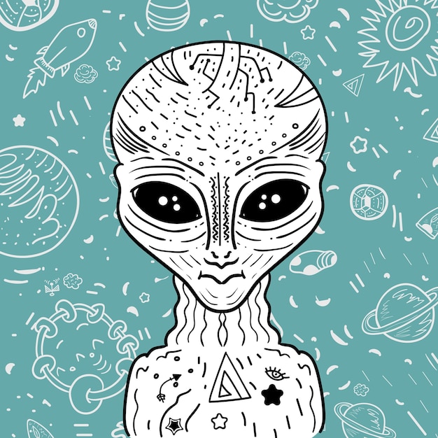 Alien on the background with space doodles