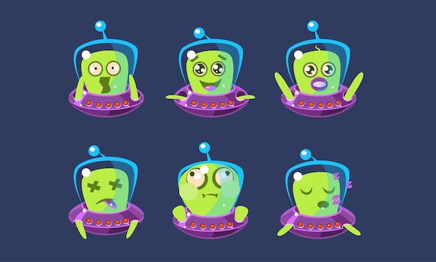 Alien Character in Ufo Set Funny Monster with Different Emotions Vector Illustration