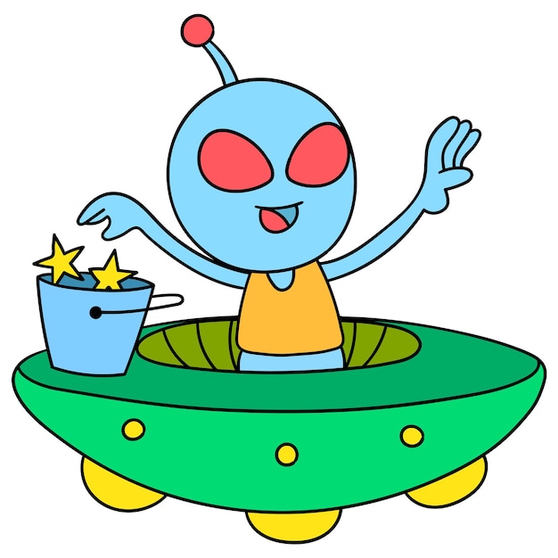 Alien child flying aboard a UFO plane across space, character cute doodle draw. vector illustration