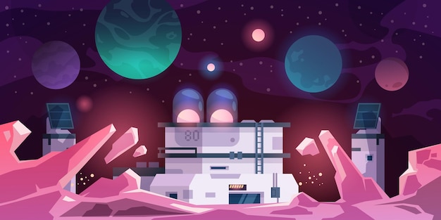 Alien colony Astronaut base on stranger planet Cartoon landscape with futuristic constructions Scientific laboratory for space exploration Vector extraterrestrial cosmic panorama