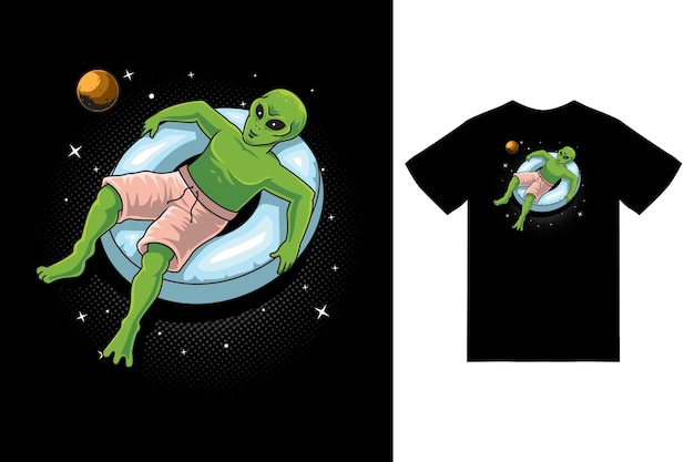 Alien floating on space donut balloon illustration with tshirt design premium vector