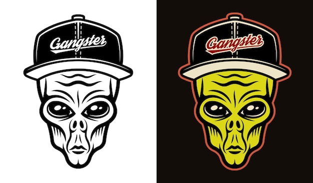 Alien head in baseball cap two styles black on white and colorful on dark background vector illustration