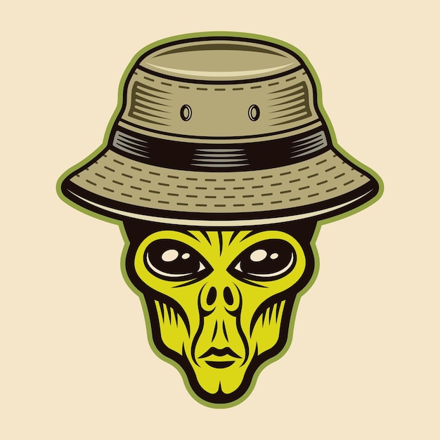 Alien head in bucket hat character colorful vector illustration in cartoon style isolated on light background