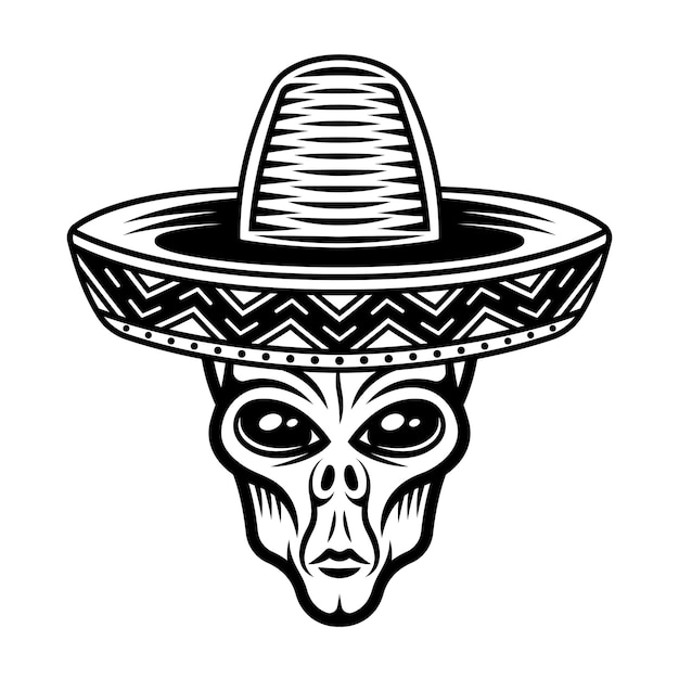 Alien head in sombrero hat vector illustration in monochrome vintage style isolated on white background